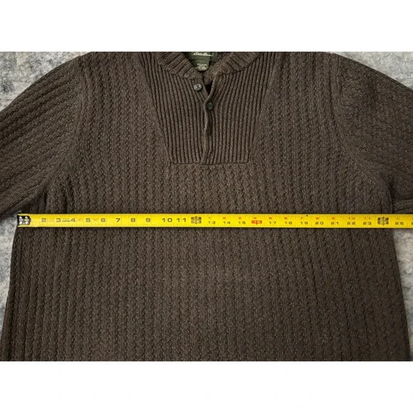 Vtg‎ Eddie Bauer Fisherman Henley Sweater Mens L Brown Chunky Cable Knit Cotton - Picture 5 of 7